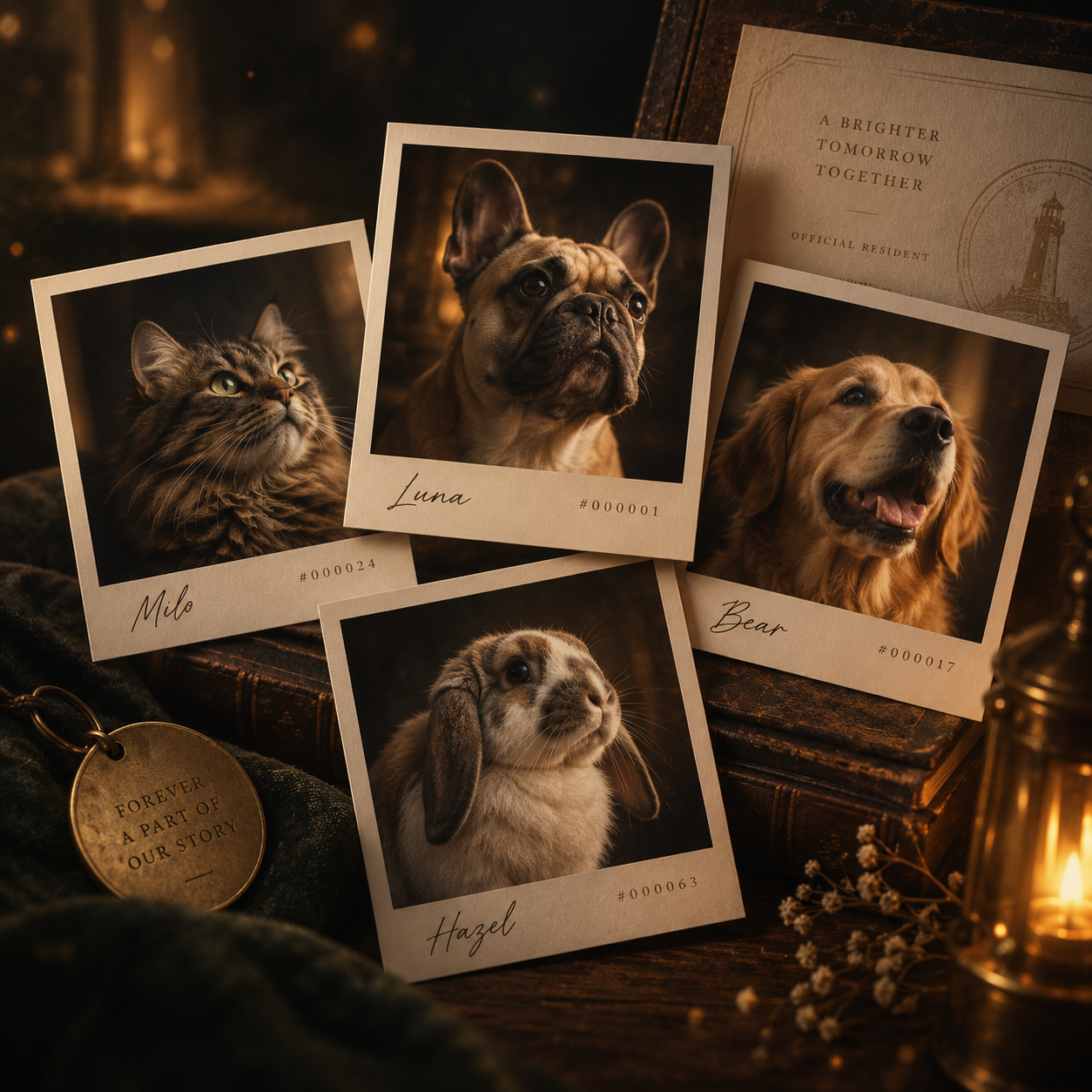 Pet Wall of Fame resident portraits and keepsake artifacts